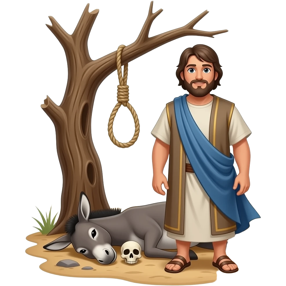 A full bodied short hair man, wearing old clothing from biblical times , in a desolate barren land, deceased donkey and skull on the ground, standing in front of a dead tree, with a rope noose hanging from a tree limb emoji