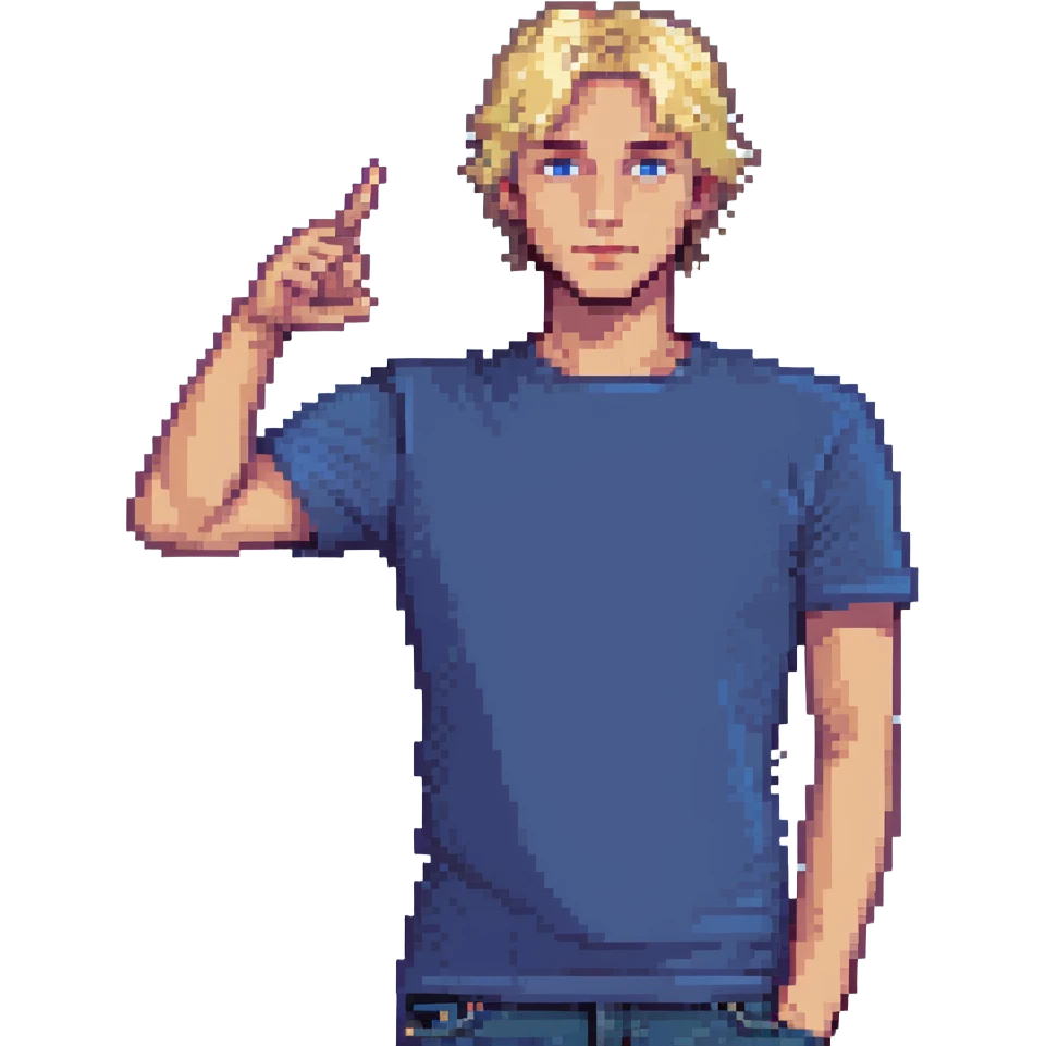 Flat pixel art, confident male leader, Caucasian, short neat blonde hair, sharp eyes, indigo T-shirt, one arm raised gicing direction, waist-up, front-facing emoji