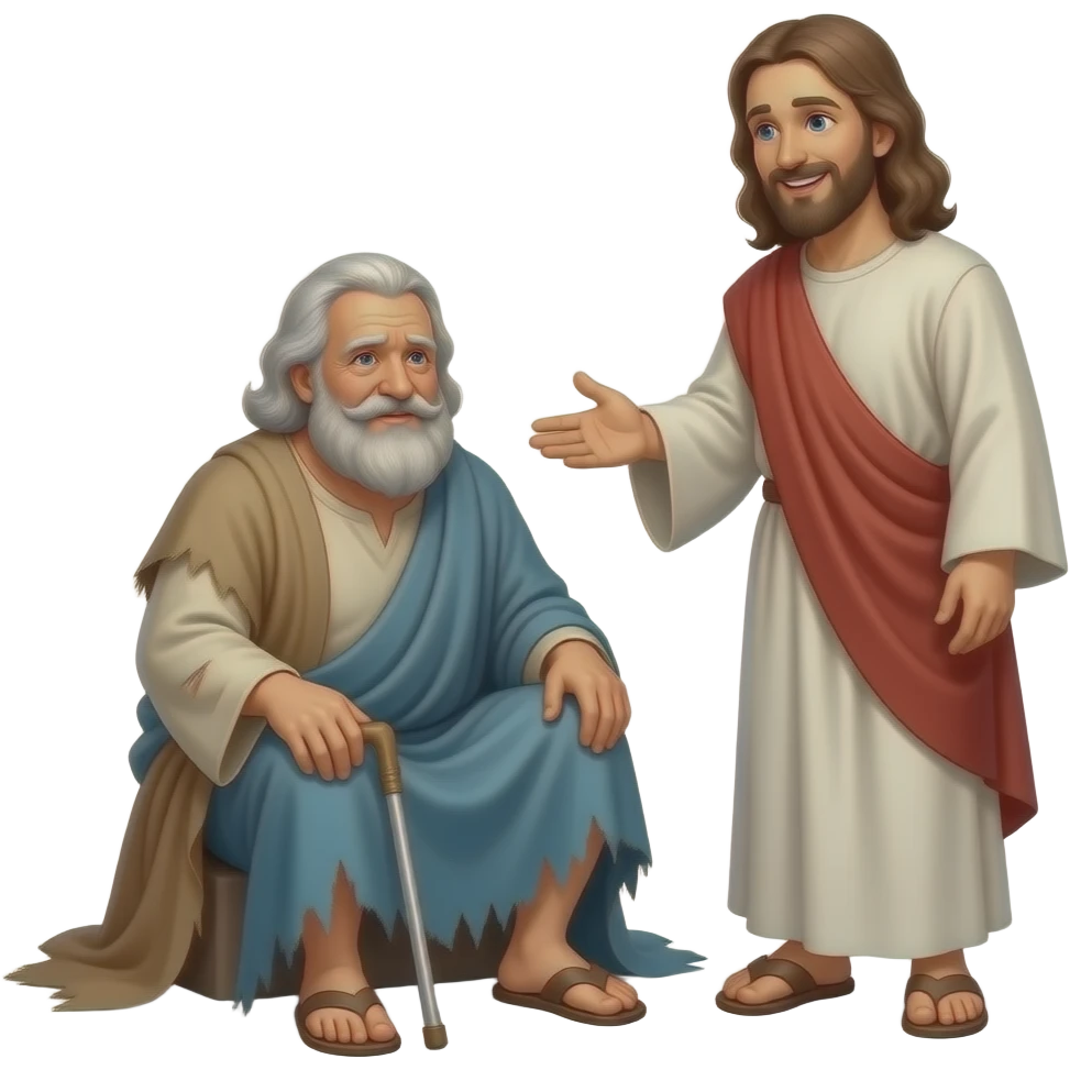 A full bodied old crippled man Who is poor sitting on the ground unable to walk and dress in tattered biblical clothing and Jesus stops to talk to him With a smile on his face emoji