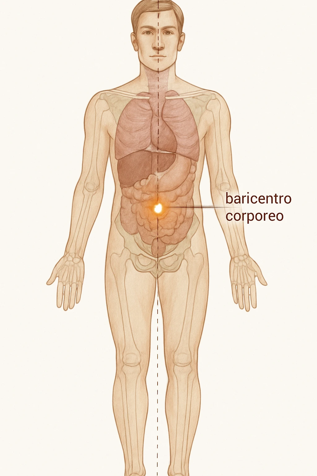 Vertical, clinical-style anatomical illustration of a standing human body, with a highlighted axis and a glowing dot at the anatomical center of gravity (baricentro corporeo). Subtle transparent overlays show internal organs and bones. White background, clear educational labels, vertical format. emoji