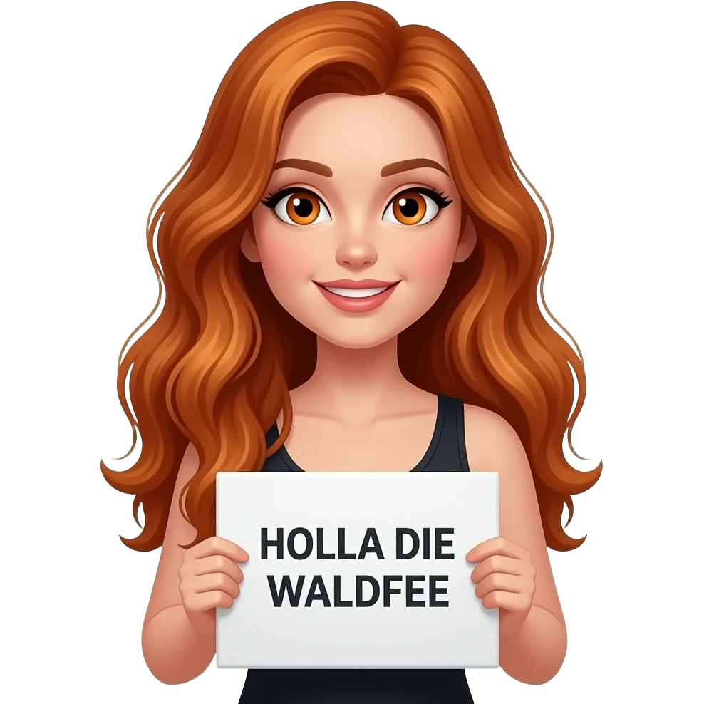 sexy girl with long wavy ginger hair and ginger eyes wearing a black tanktop is holding a white sign with HOLLA DIE WALDFEE written on it emoji