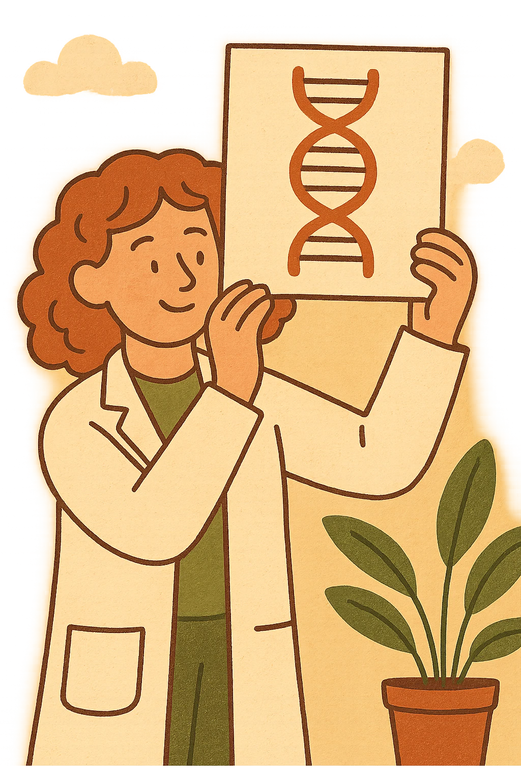 A scientist standing up holding up a picture of DNA emoji