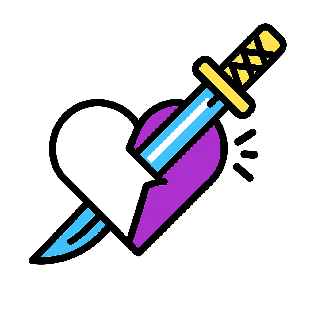 graphic style katana piercing a heart, heart divided diagonally: one half white, the other purple, glowing effect on the blade emoji
