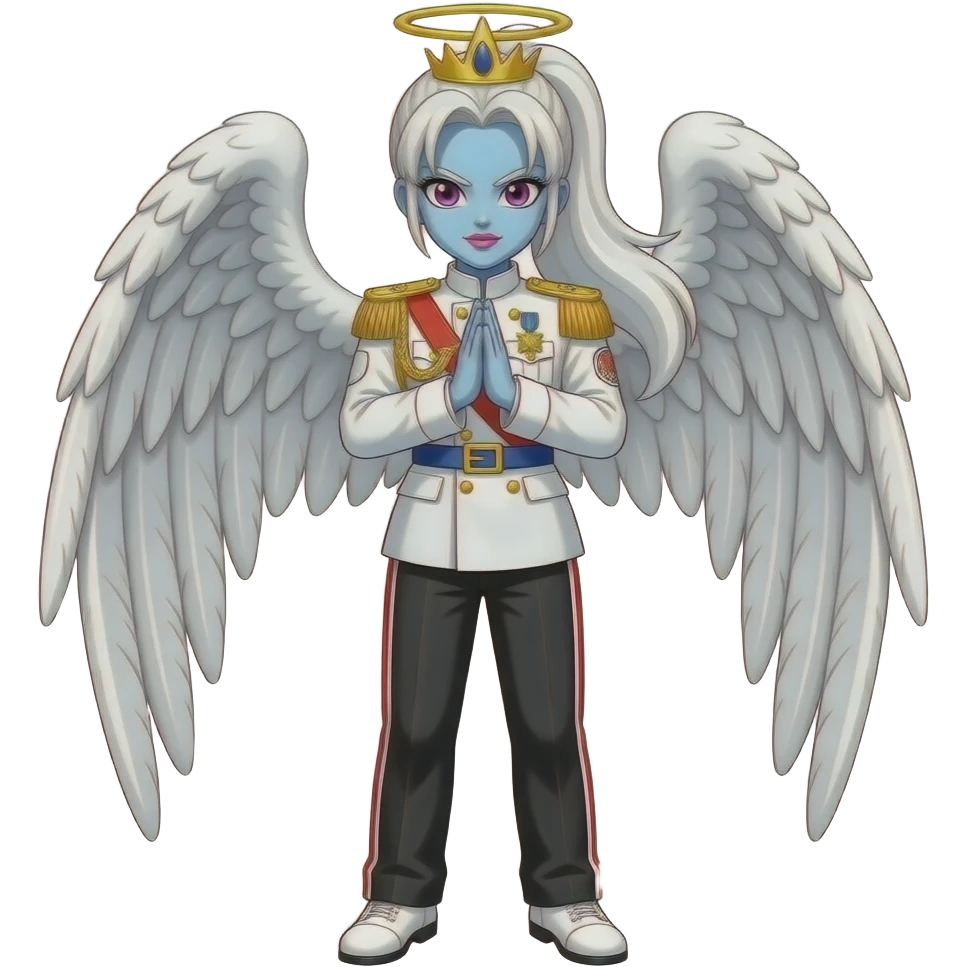 white ponytail haired pale blue skin purpled eyed and lips female angel vados from dragon ball super are wear gold tiara white military tunic arm badge shoulder cord medal red sash blue belt black trouser with two side stripes white shoes to meets with both hand joining 56 yrs maharana pratap singh emoji