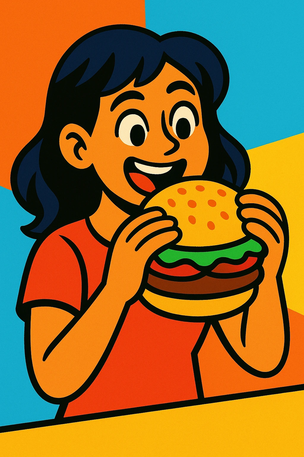 a girl with dark hair eating a burger, vibrant cartoon style emoji