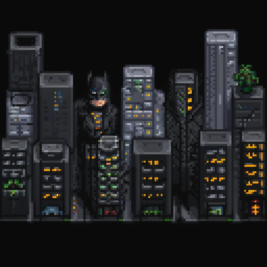 Pixel art night scene of Gotham City. Dark, moody street with a flickering lamppost, trash bins, and a few shadowy human silhouettes. Gritty atmosphere, subtle lighting, cinematic noir vibe. emoji