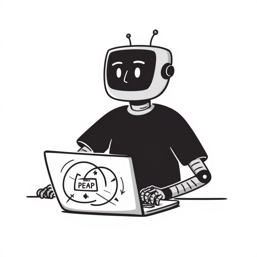 robot working on a laptop, hand drawn doodle style emoji