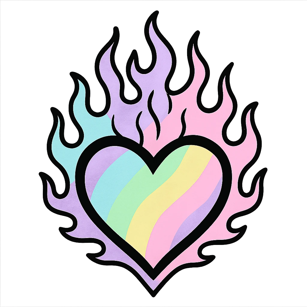 pastel goth heart with pastel flames and black outline, pastel rainbow and black, whimsical gothic style emoji