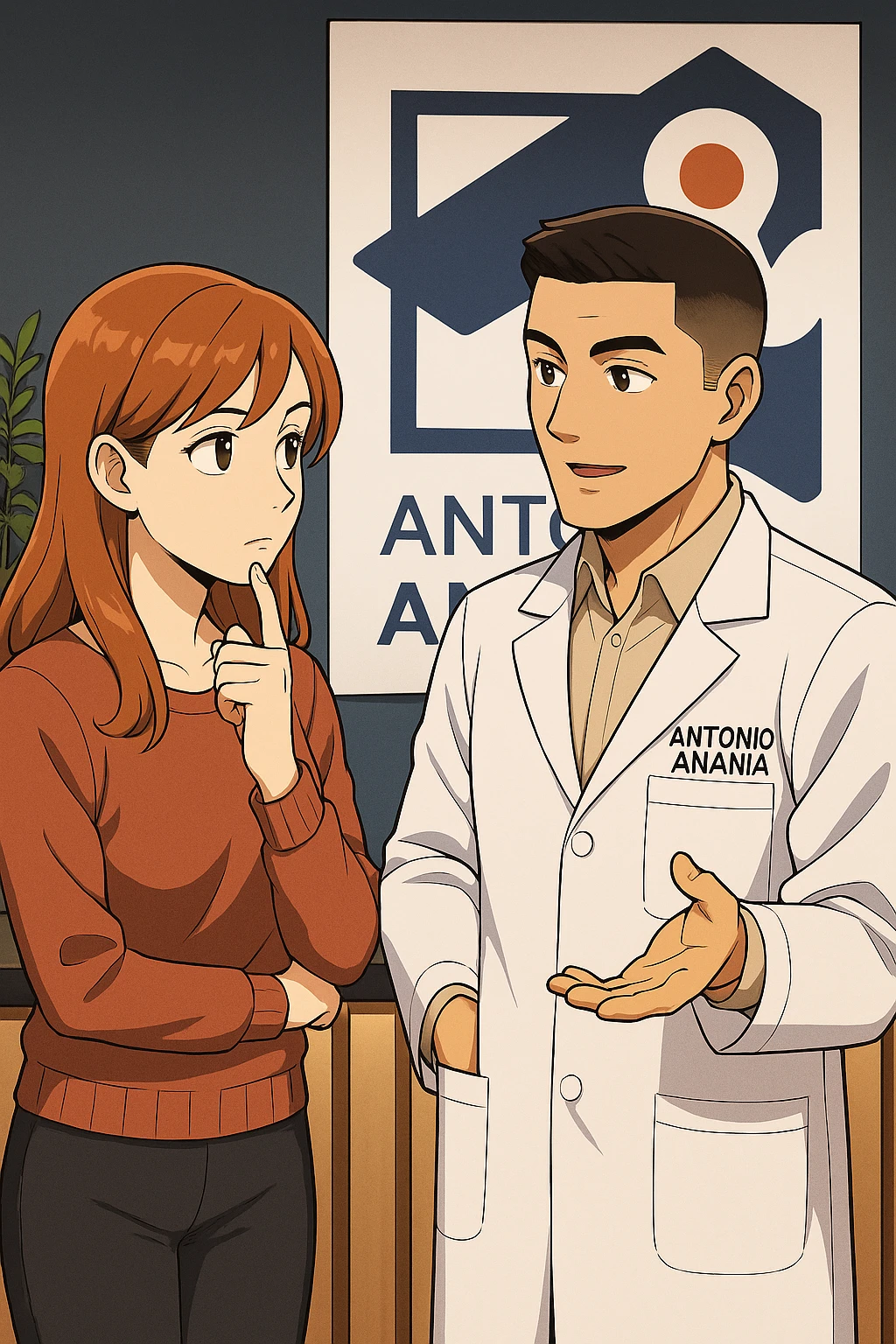 su questo stile fai un manga/webtoon a colori in cui una donna SI TOCCA IL MENTO CON L'INDICE MENTRE ASCOLTA PENSIEROSA L'UOMO, l'uomo della foto in stile manga LE SPIEGA CHE DEVE PROVARE LA SUA VALUTAZIONE MEDICA, mantieni un ambiente simile alla foto che ho allegato con il suo logo (sarebbe il suo studio, lui è un kinesiologo), scrivigli "ANTONIO ANANIA" sul camice bianco, non mettere fumetti, ma fai in modo che sembri che la donna ASCOLTI l'uomo emoji