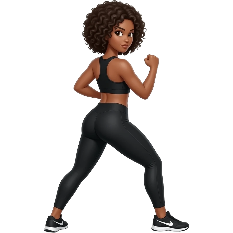 Light-brown Black woman, afro hair, wearing black sports bra and leggings, performing  , full body, toned glutes and legs, strong posture, realistic fitness style, clean background, soft lighting. 
TURMING FACE TO FACE THE WALL AND MAKING A COUNTER-ATTACK emoji