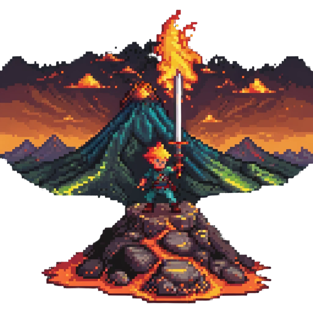 a boy wielding a flaming sword atop a volcano, pixel art style, vibrant colors emoji
