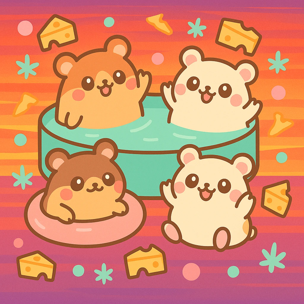 Add a vibrant sunset background with warm orange, pink, and purple tones behind the pool party scene. Maintain the kawaii style with a nostalgic, fun, and inviting summer party vibe, including THC/weed/cheese theme elements. emoji