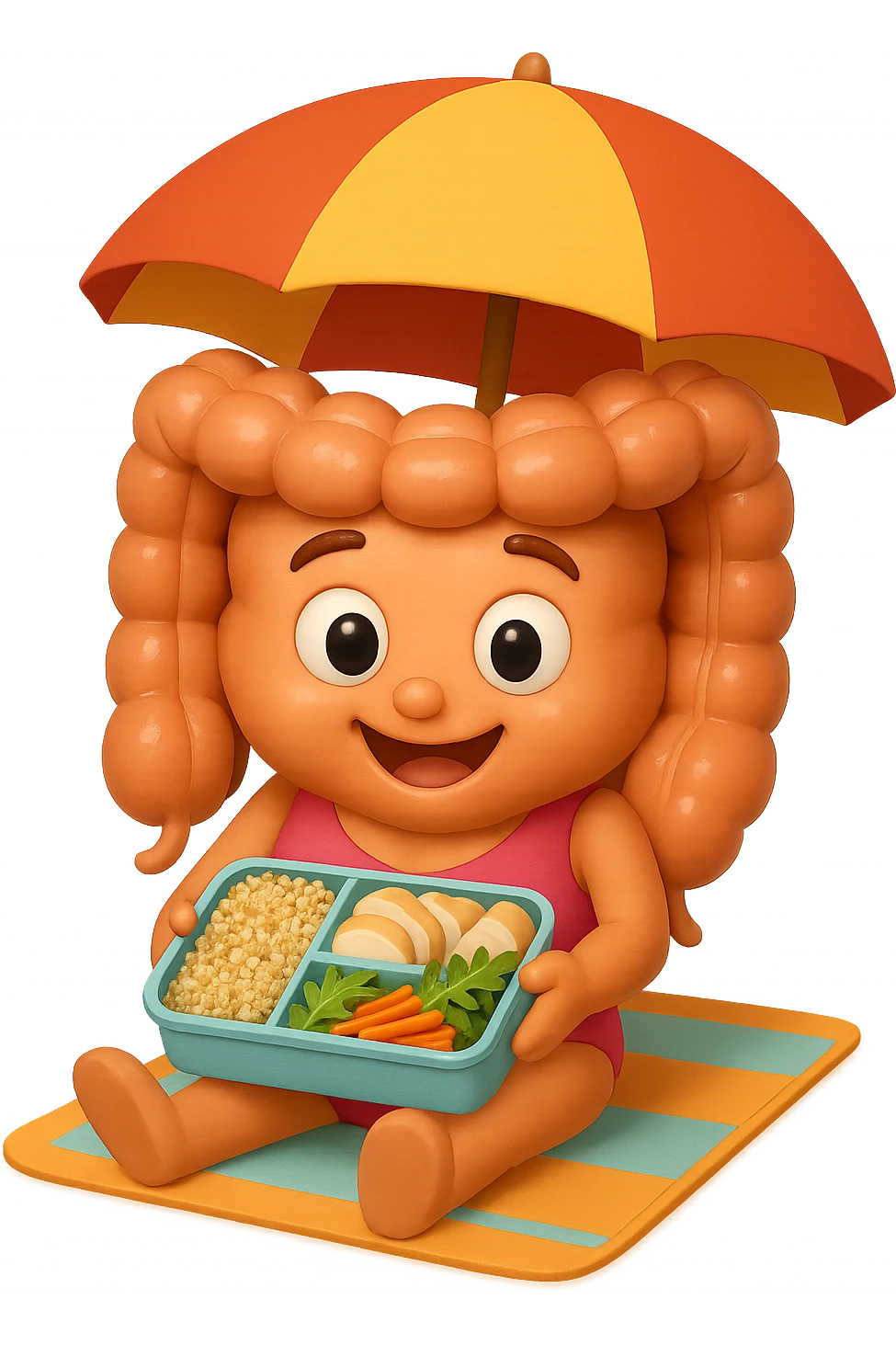 EMOJI STILE IPHONE DI INTESTINO DONNA CON COSTUME INTERO IN SPIAGGIA SEDUTO SU UNA SPIAGGINA SOTTO L'OMBRELLONE CON IN MANO UNA SCHISCETTA DI Insalata di quinoa e pollo con rucola e carote, iperrealistica 4k emoji