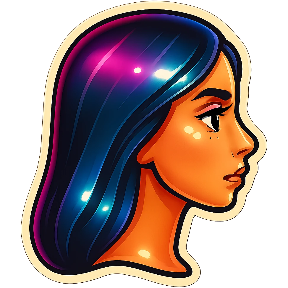 Create a side view (profile) of this woman's head, matching the same cartoon emoji style, with long dark hair and similar facial features. Variant 2. emoji