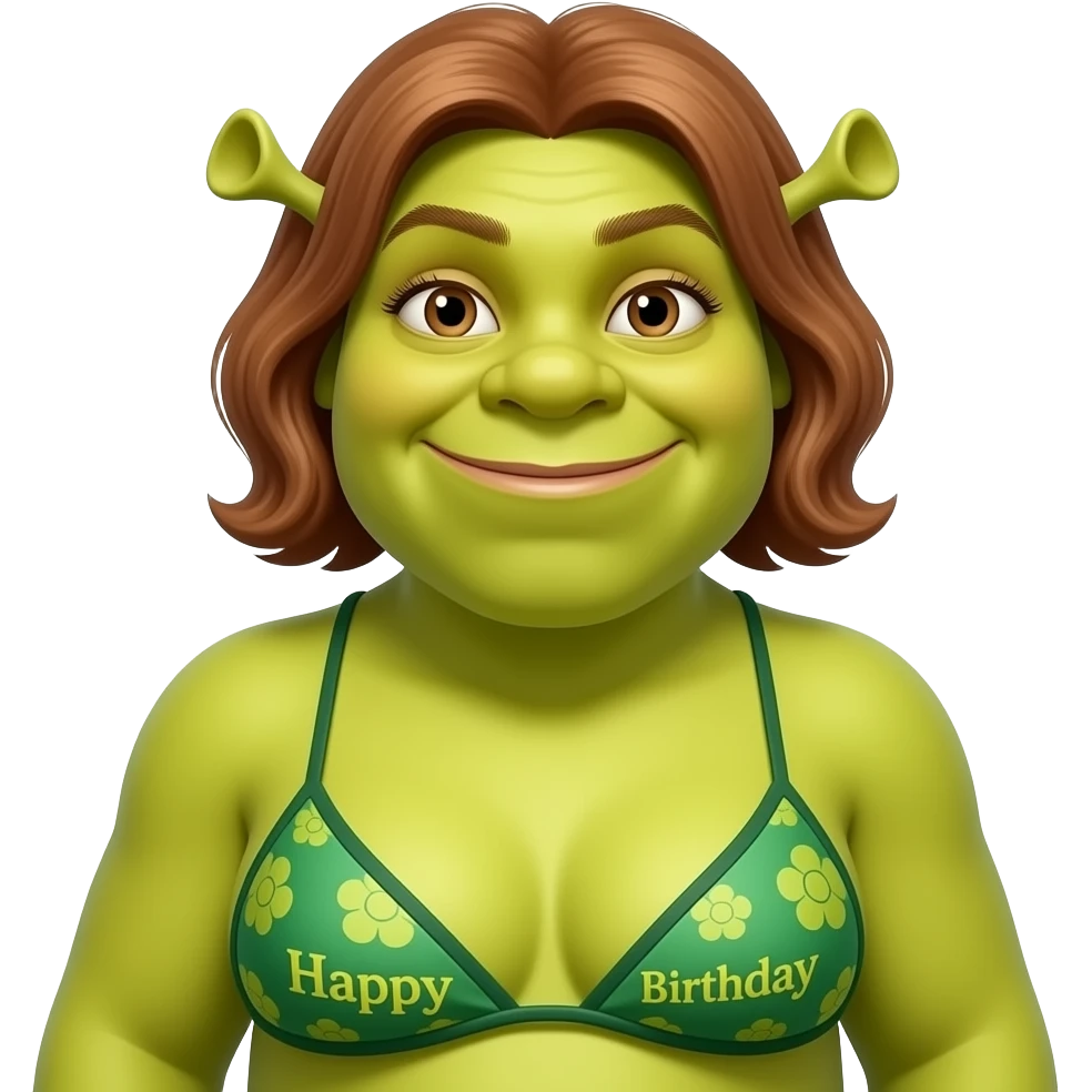 Fiona from Shrek wearing green bikini bathers with happy birthday written at the bottom can you make her fat emoji