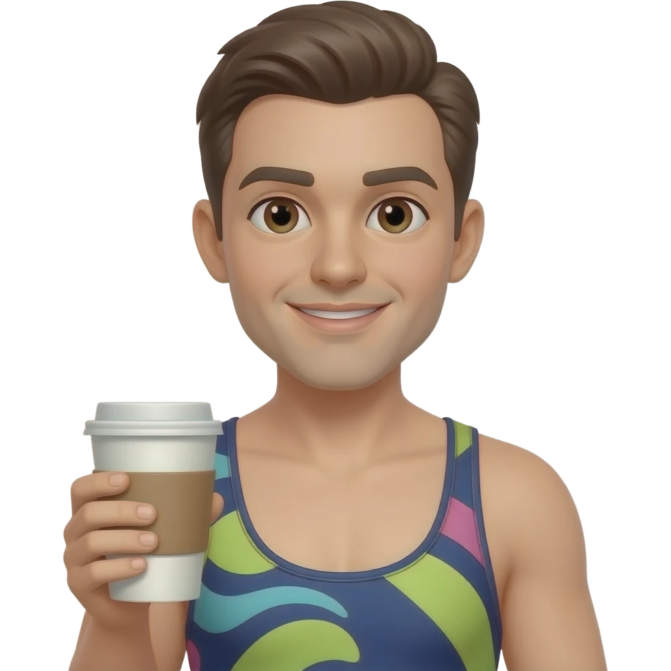 Human with a bathing suit on and coffee emoji