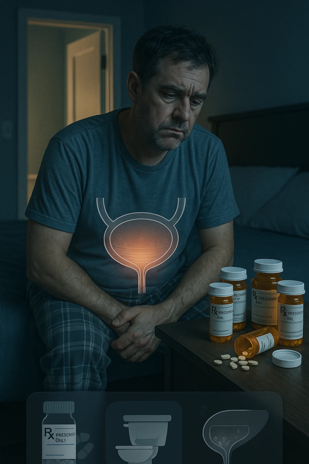 A middle-aged man sits on the edge of his bed in a dimly lit bedroom, looking exhausted and frustrated. On the nightstand beside him are several prescription pill bottles, loosely organized, some open — suggesting long-term medication use. In the background, the bathroom door glows softly, partially open, with a faint reflection of the toilet visible, indicating frequent nighttime trips. The man wears a loose T-shirt and pajama pants, his posture slightly curved as he gently touches his lower abdomen, symbolizing bladder discomfort. His eyes have dark circles, his expression is drained. The color palette is muted blues and greys, with a cinematic soft focus and ambient light highlighting emotional fatigue. A subtle overlay of pill labels and bladder imagery could be added for educational use. emoji