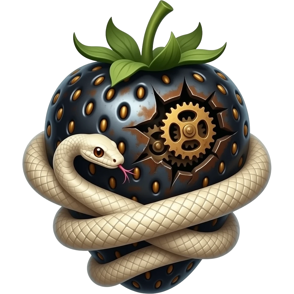 steampunk - rusty broken mechanical steel black strawberry, wrapped in albino boa snakes emoji