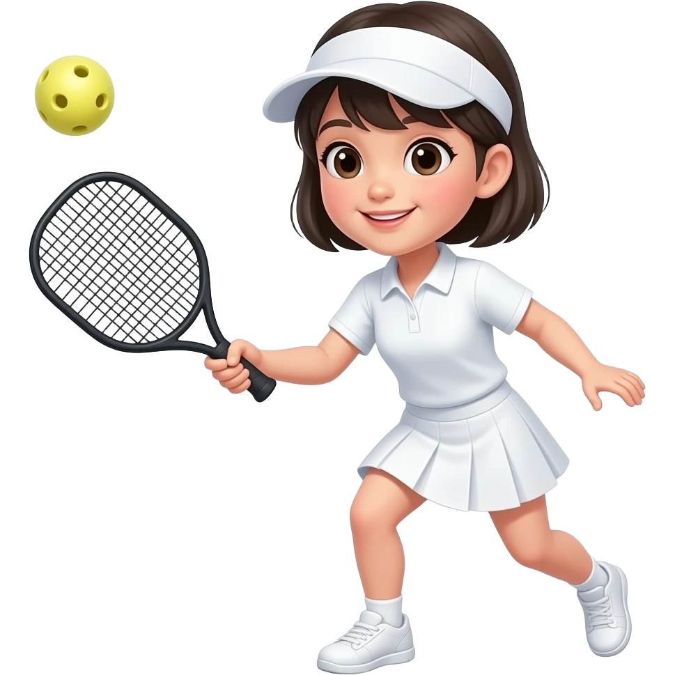 short haired asian girl wearing sun visor, white polo shirt, white skirt, and playing pickleball with black paddle emoji