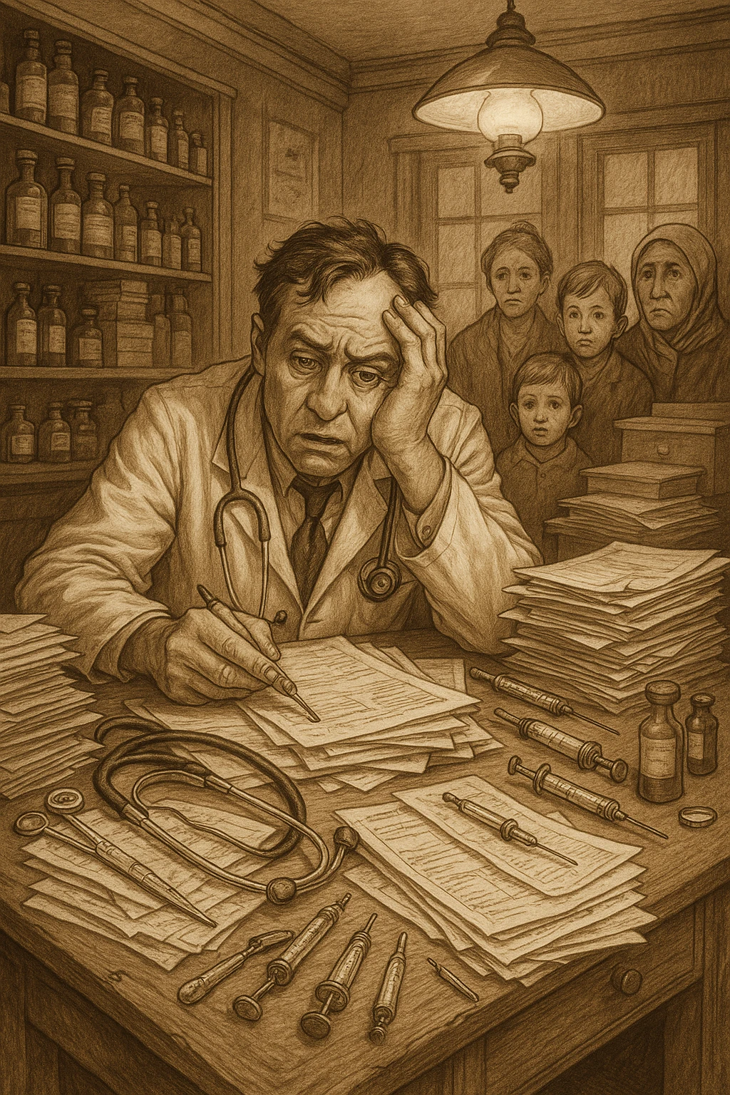 A doctor looking overwhelmed with paperwork and patients, using old-fashioned medical tools, no modern technology, in a medical office, detailed scene emoji