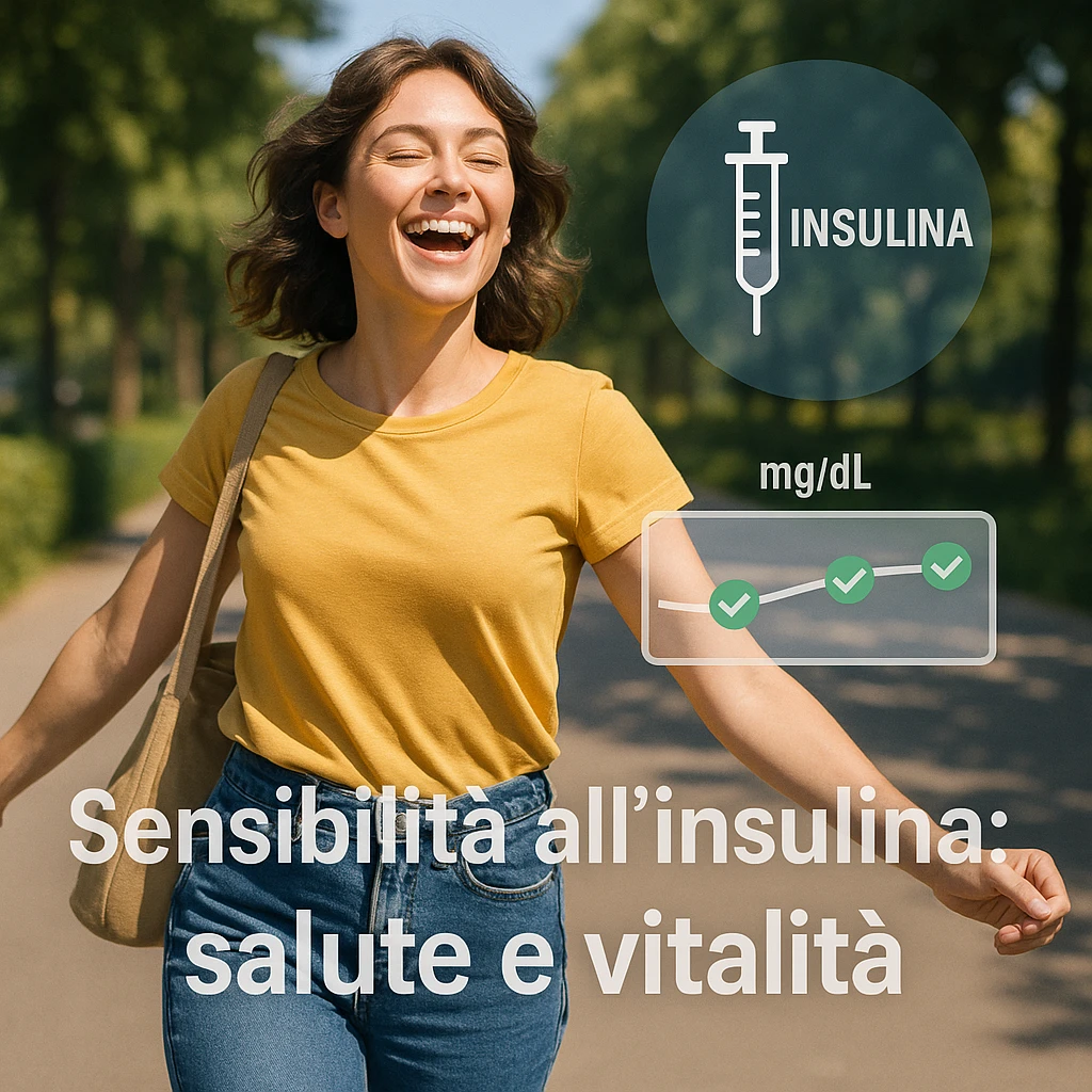 woman in casual clothing walking outdoors energetically, happy expression, stylized insulin symbol and normal glycemic values overlaid transparently, Italian text 'Sensibilità all’insulina: salute e vitalità', 4K quality emoji
