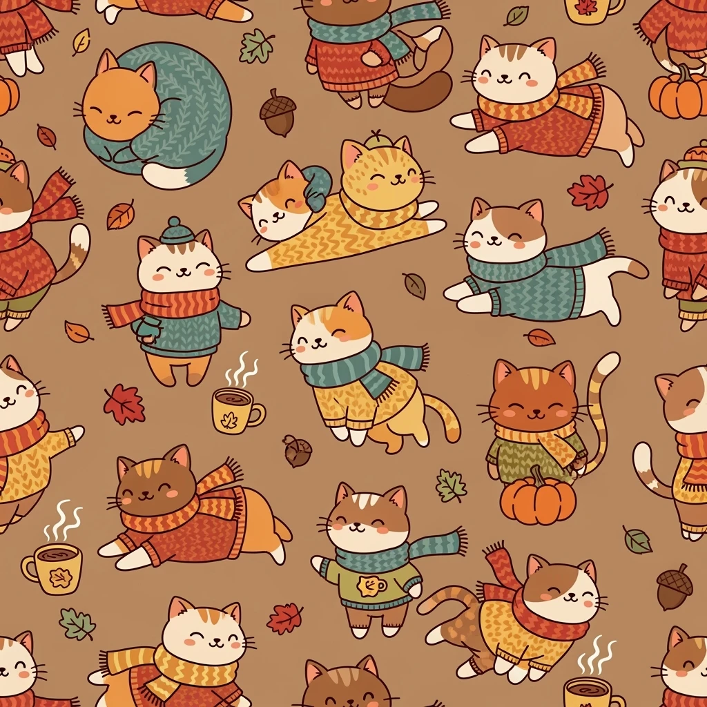 cute cats in scarves and sweaters, seamless pattern, autumn colors, warm and cozy vibe, playful cartoon style emoji