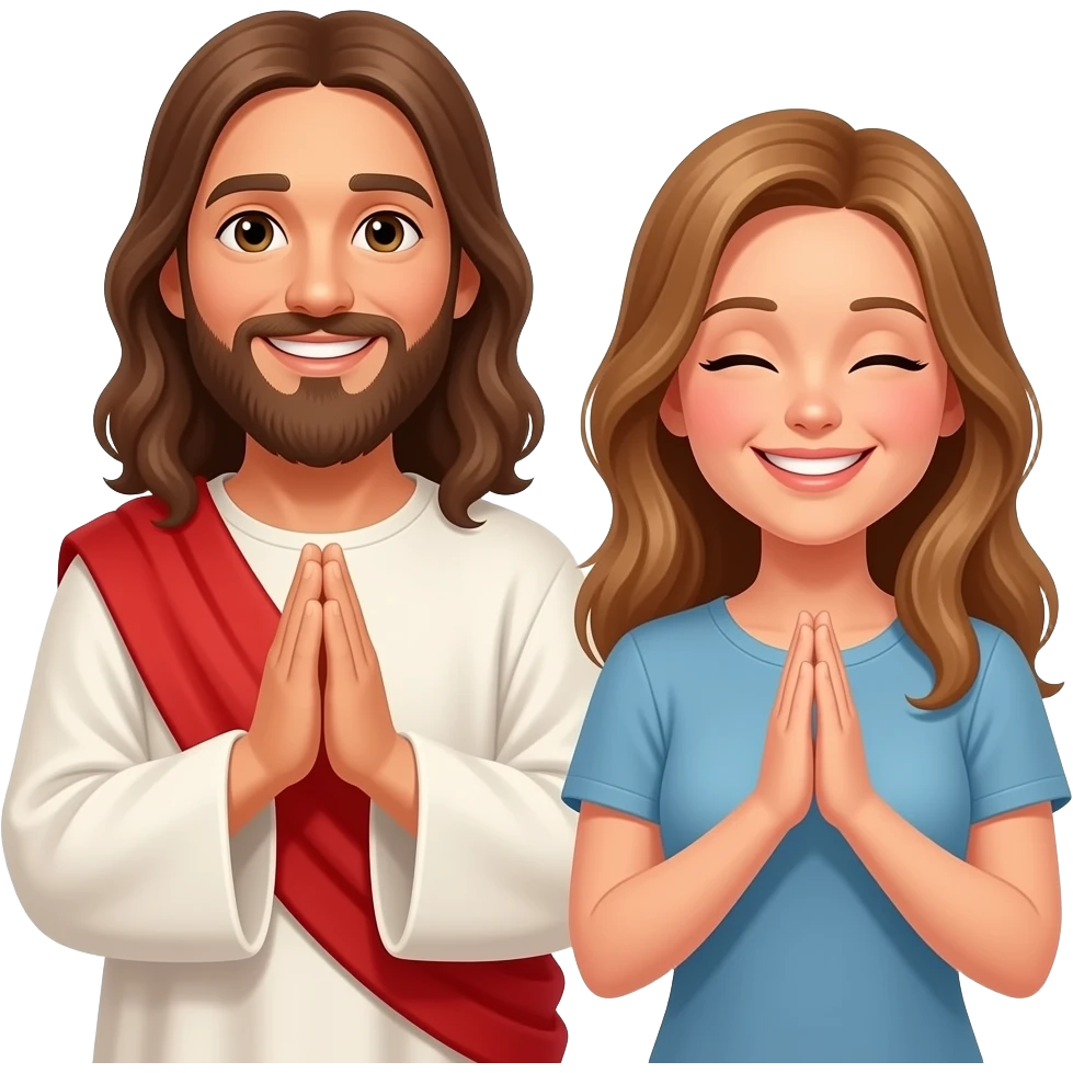 Jesus and a modern day woman with light brown hair smiling and praying together emoji