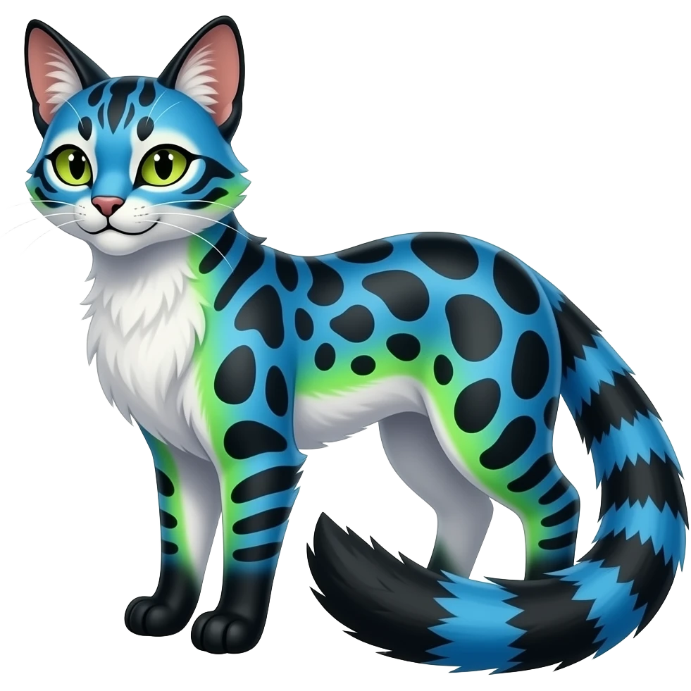 Colorful realistic silky smooth glossy tropical thin exotic beautiful lanky gradient-colored cobalt-blue-obsidian-black-neon-green-gradients, with white underside, iridescent glorious fantasy-civet-genet-Fionbri-Cacomistle-Furret-civet-oncilla-animal-hybrid-fursona with pattern markings (full body) emoji