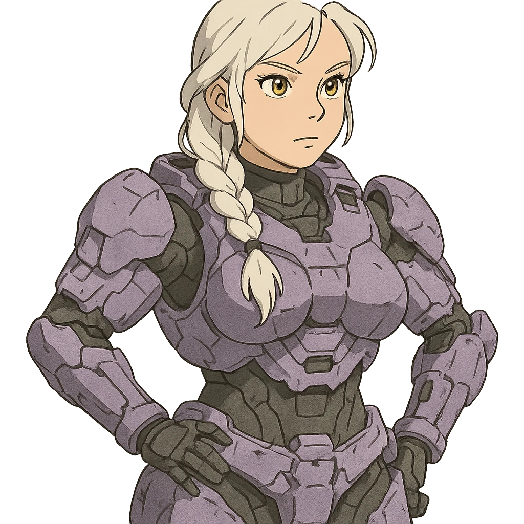 female, wearing reach spartan armor default, long white braid hair, gold yellow eyes, attention pose, halo series, no helmet, the armor is lavender color scheme, shoulder pad off. DDD bust size fitting. Punk gothic cyberpunk emoji