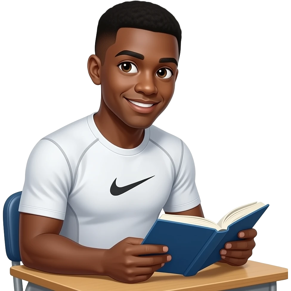 make a 20 year old man black skinned low taper fade in a white nike compression shirt sitting at school and he is reading his book and looking up at me little smirk and his eyes are shining emoji