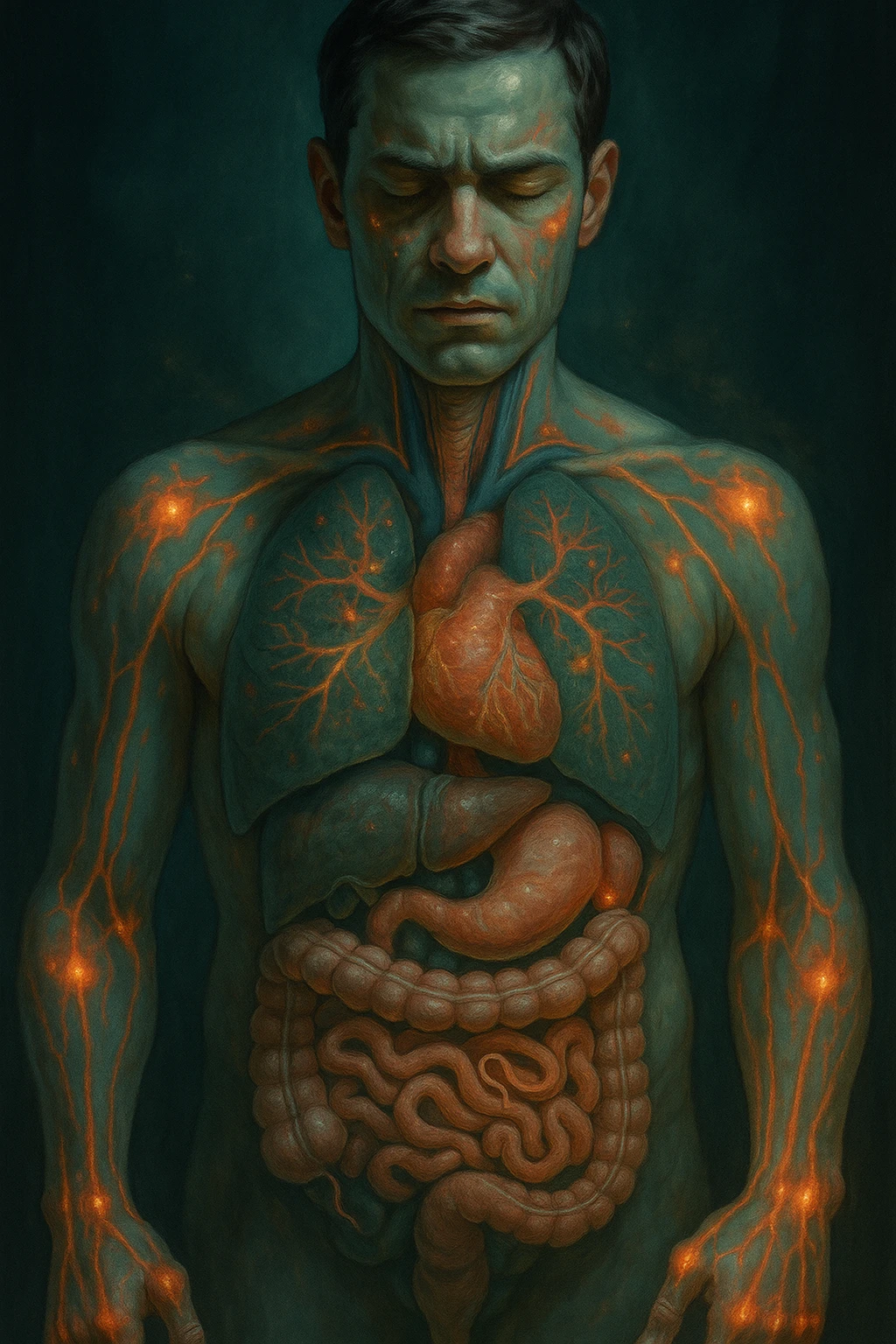Vertical, cinematic, realistic medical illustration showing autoimmune diseases in the human body caused by intestinal parasites. The image highlights the connection between parasites in the intestines and the immune system attacking healthy tissues throughout the body. Dramatic clinical lighting, green-blue tones with warm yellow-orange accents, natural depth of field. 2:3 aspect ratio. emoji