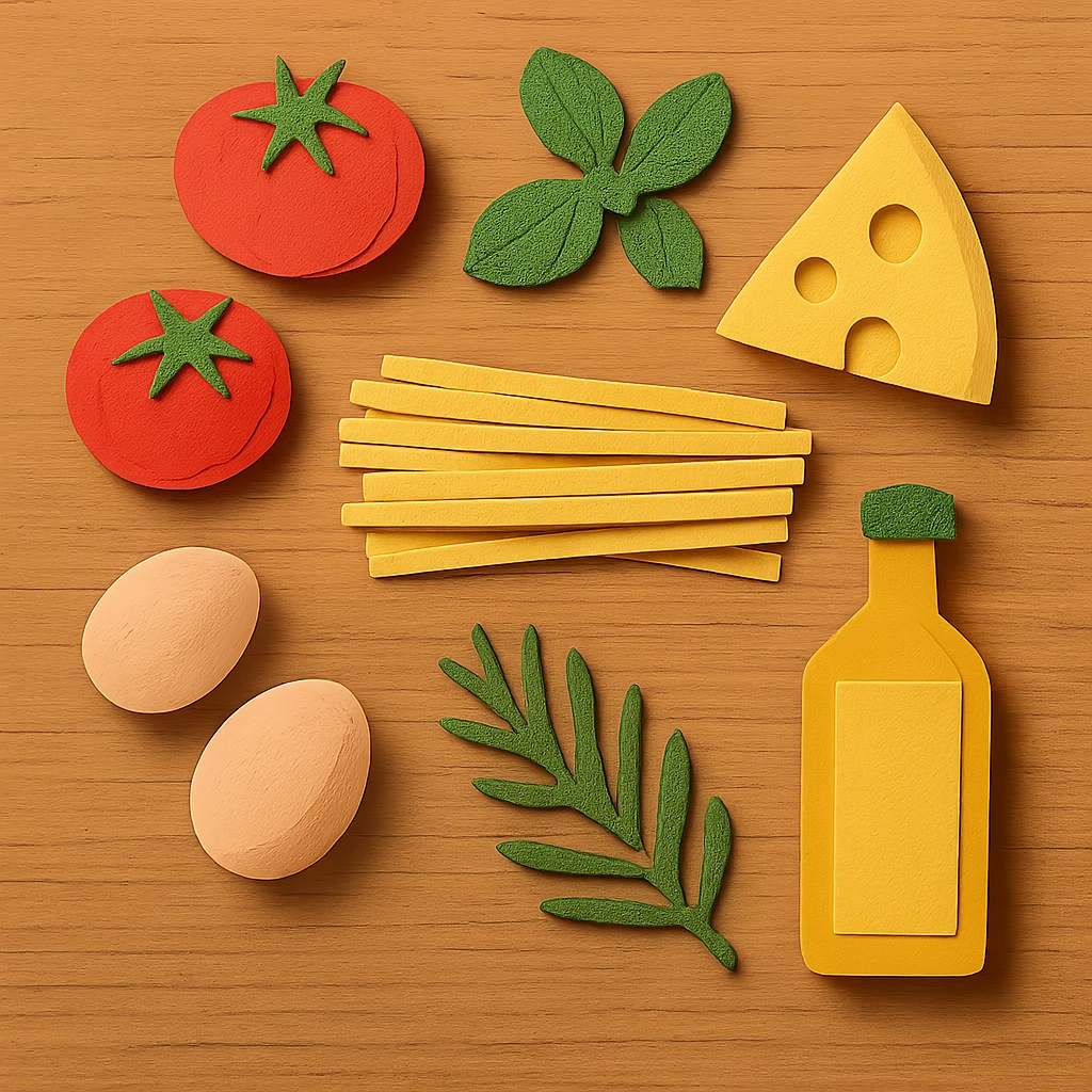 A realistic top-down view of a wooden kitchen table with various common ingredients neatly arranged (like tomatoes, pasta, eggs, cheese, herbs, olive oil). The background should be dark and soft to match a modern app interface. Lighting should highlight the ingredients naturally, with soft shadows. No text, no hands, minimalistic but warm and homely, like a mobile UI background for a cooking app. emoji