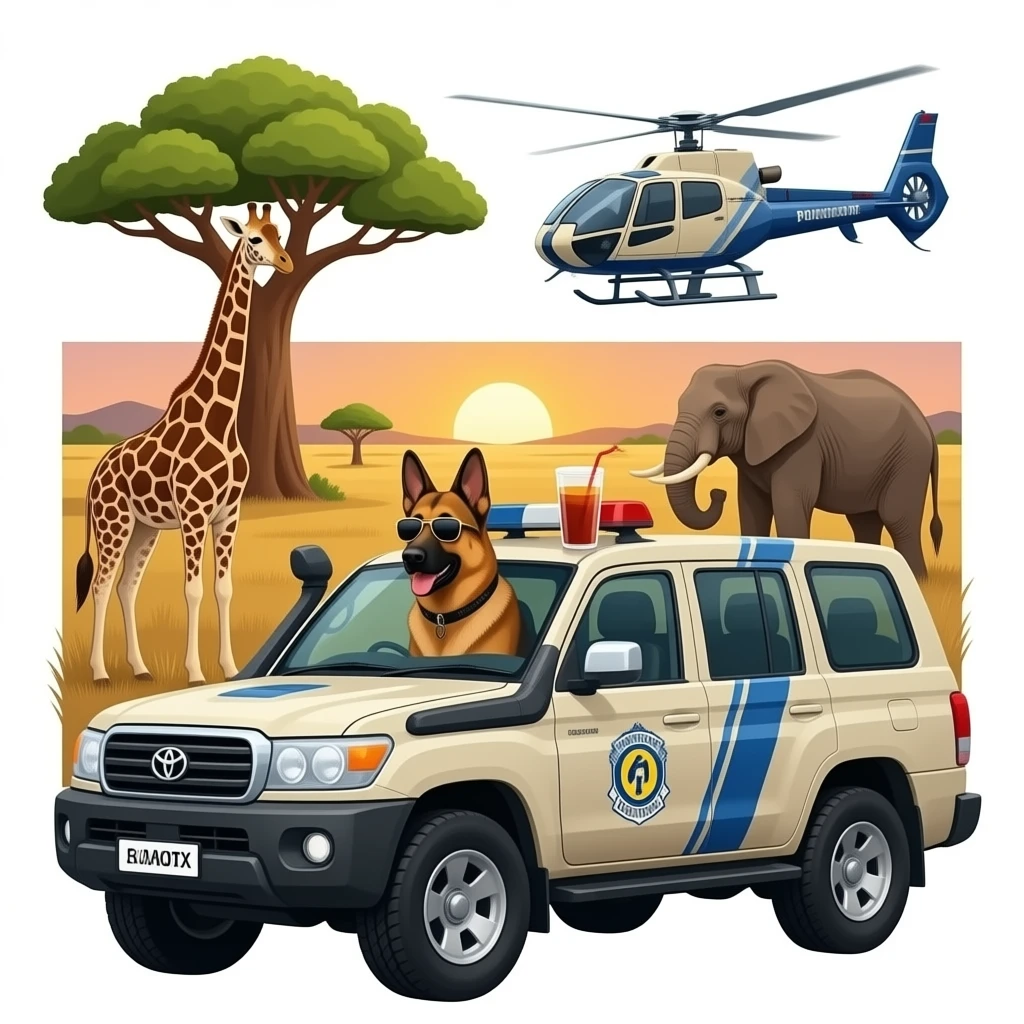 K9 canine german sheppard with sunglasses listening gangster police music on a Toyota Landcruiser with anti-poaching unit helicopter above boabab african savanna plains giraffes and elephant in distance sunset sundowner drinks emoji