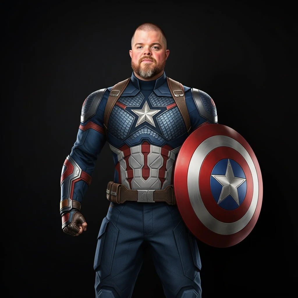 Transform this photo of me into a super-muscular, athletic version of myself wearing the modern Captain America suit from the Avengers movies. Keep my face but give me a heroic, powerful build, with detailed armor, shield, and confident posture. emoji