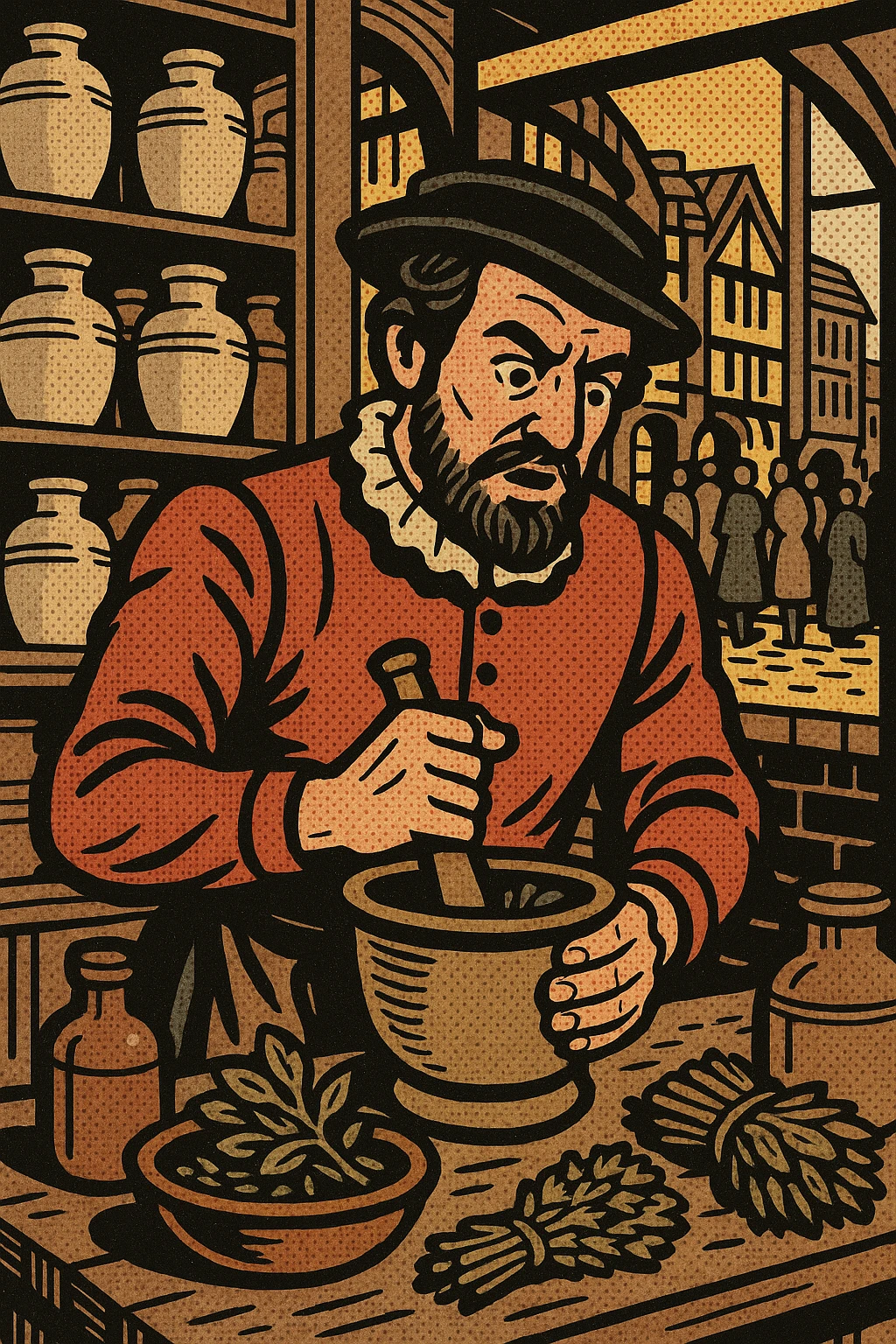A man working in an apothecary selling a wide range of herbs and medications from the 1600s in a busy town shop from the tudor era emoji