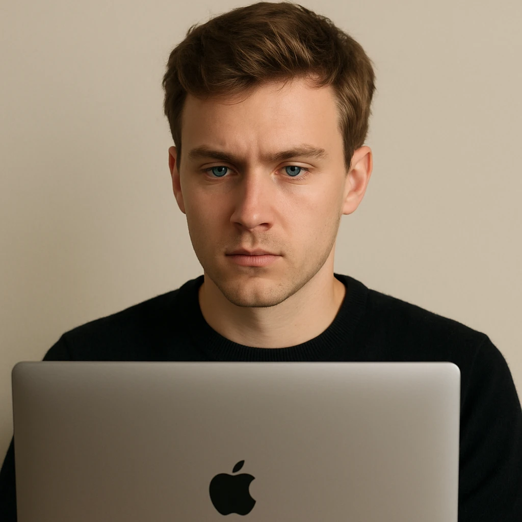 Young European male with blue eyes, focused on MacBook, simple background emoji