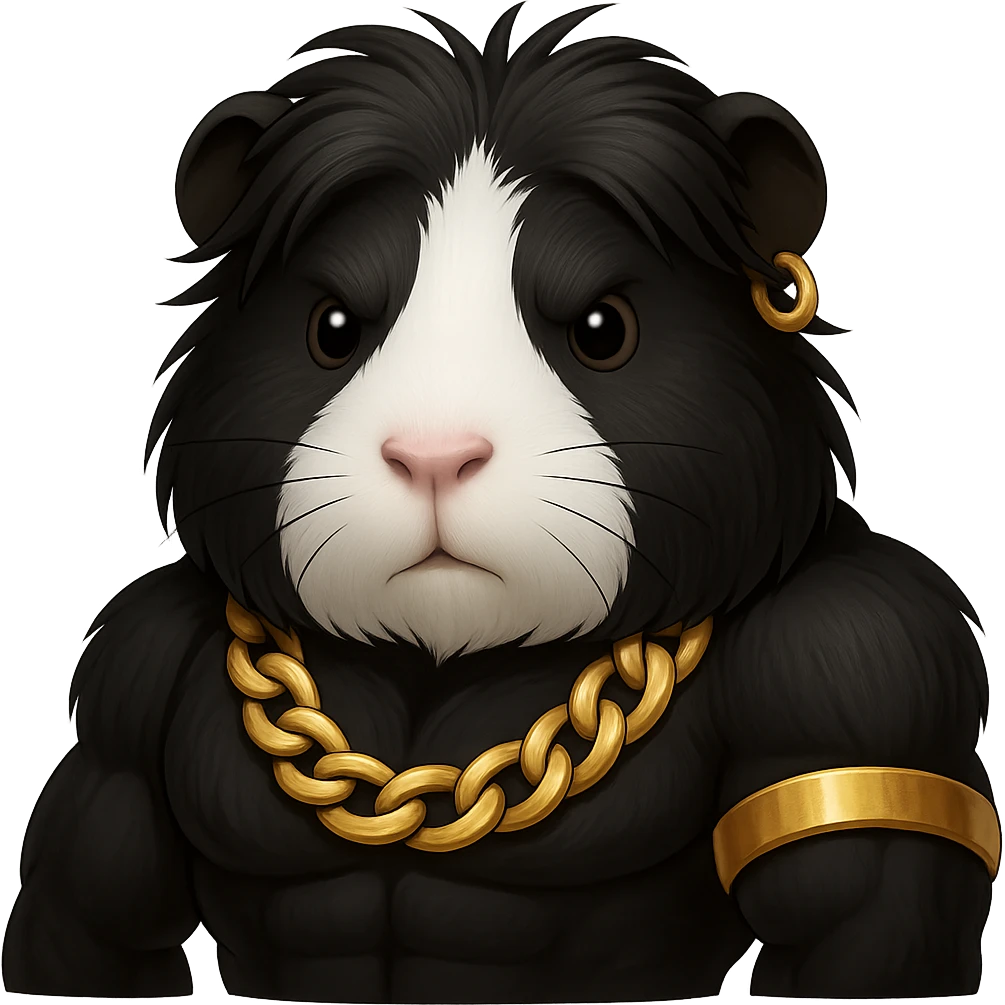 Make the guinea pig long-haired, black and white, with a strong muscular build and gold accessories, keep the style and no background. emoji