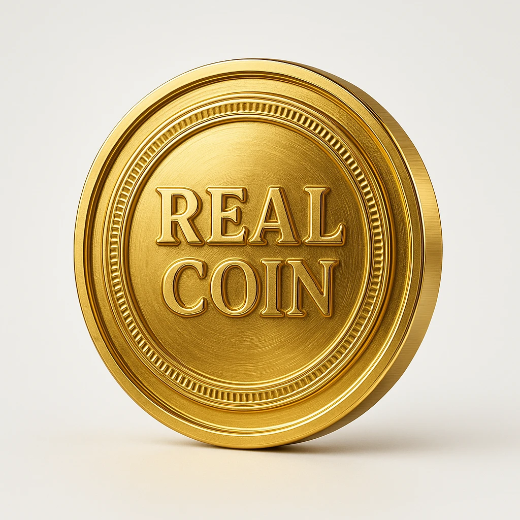 a gold coin with the words 'real coin' written in the center, realistic metallic shine, clear readable text, centered composition emoji