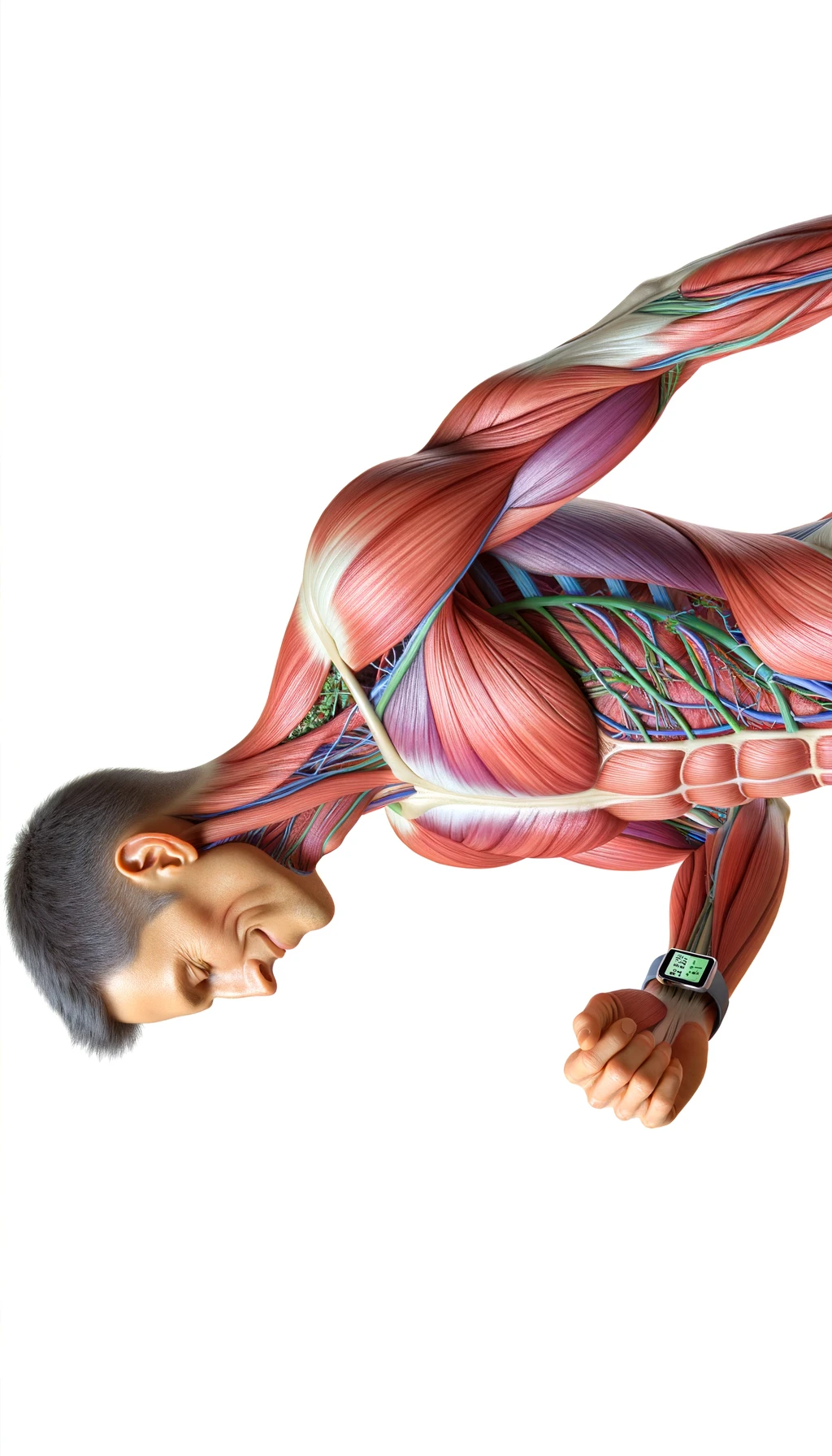 corpo umano anatomico sereno e felice che cammina mentre osserva il suo orologio contapassi, colori realistici del corpo, espressione soddisfatta, iperrealistica 4k, isolato su sfondo bianco emoji