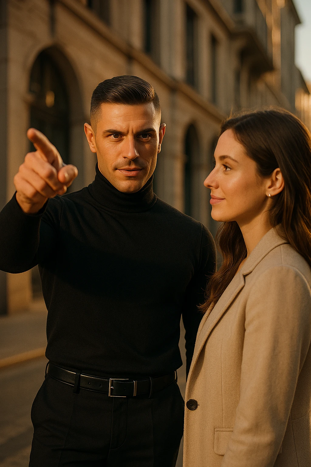 A confident man standing in front of a woman, gently pointing forward with a clear direction, showing leadership and confidence, the man is dressed sharply like a commander, the woman looks at him with trust, warm sunlight, cinematic lighting, high-resolution, realistic details, elegant urban background, depth of field, 50mm lens look. emoji