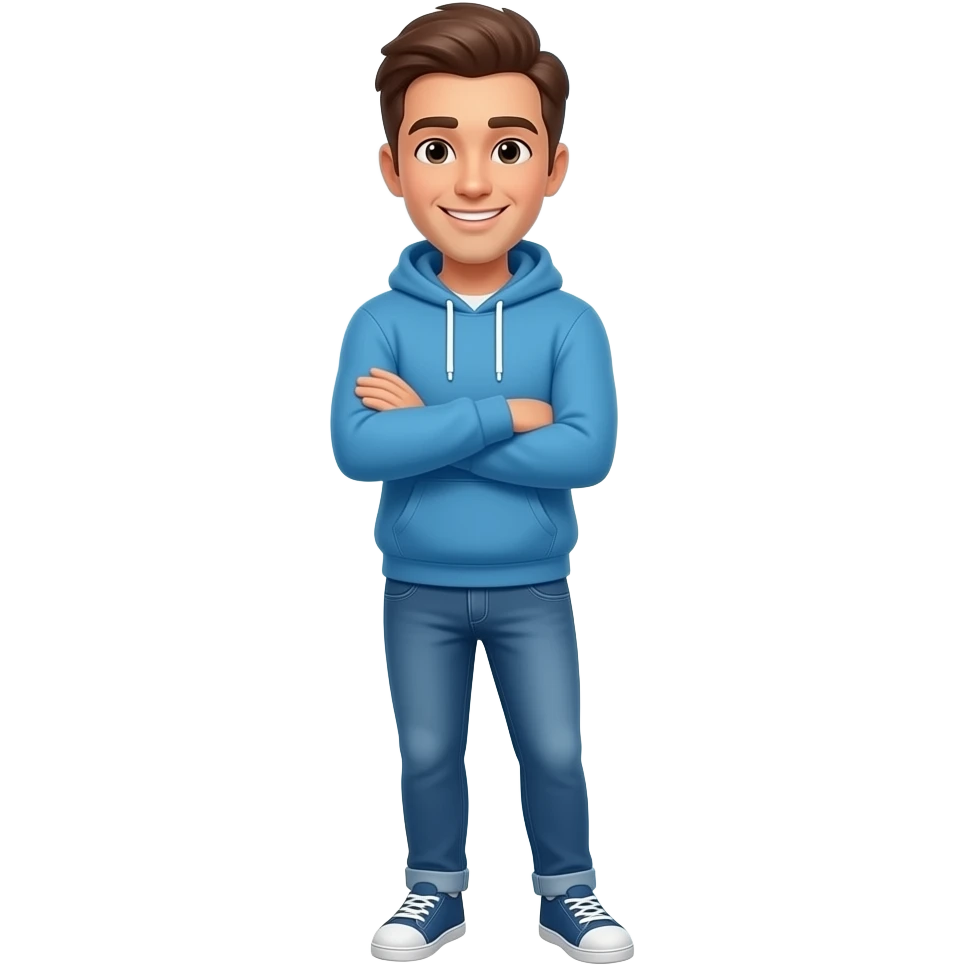 A 3D emoji-style illustration of a friendly man in casual clothes (blue hoodie and jeans), arms crossed, smiling. Magical aura. Text: 'Answer to them, Baly'. Baly in sky blue. Clean white background, sticker style. emoji