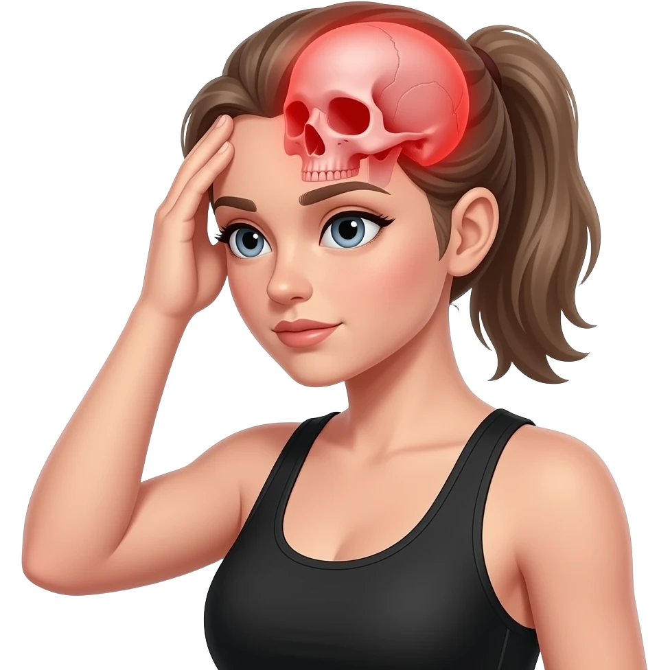head pain, anatomical highlight of the skull and head muscles, full red glow over the entire head area, woman holding her head, fair-skinned woman, gray-blue eyes, ash brown brows, ash light brown hair tied back, slim athletic body, black workout set emoji