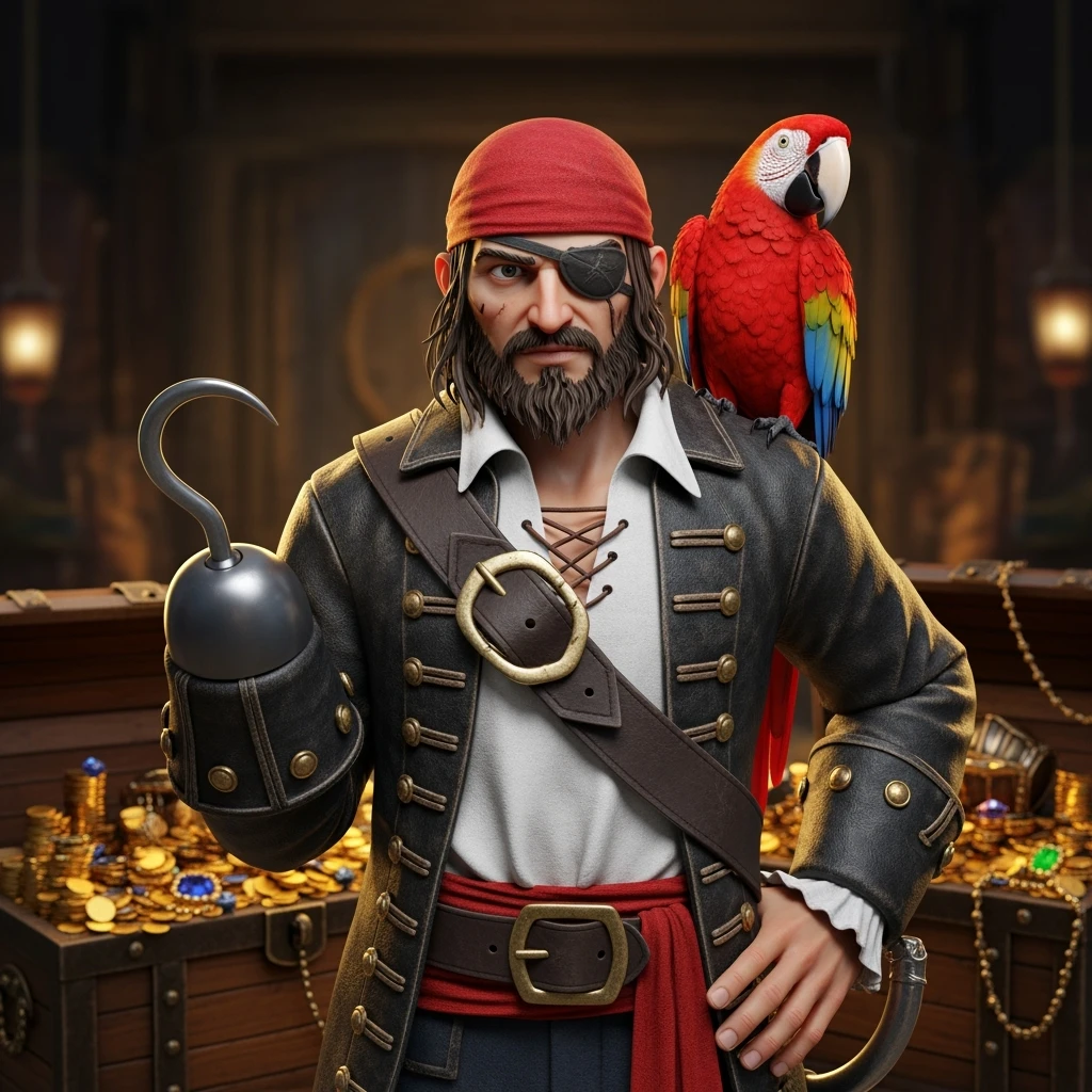 3d illustration of a pirate with eye patch and parrot emoji