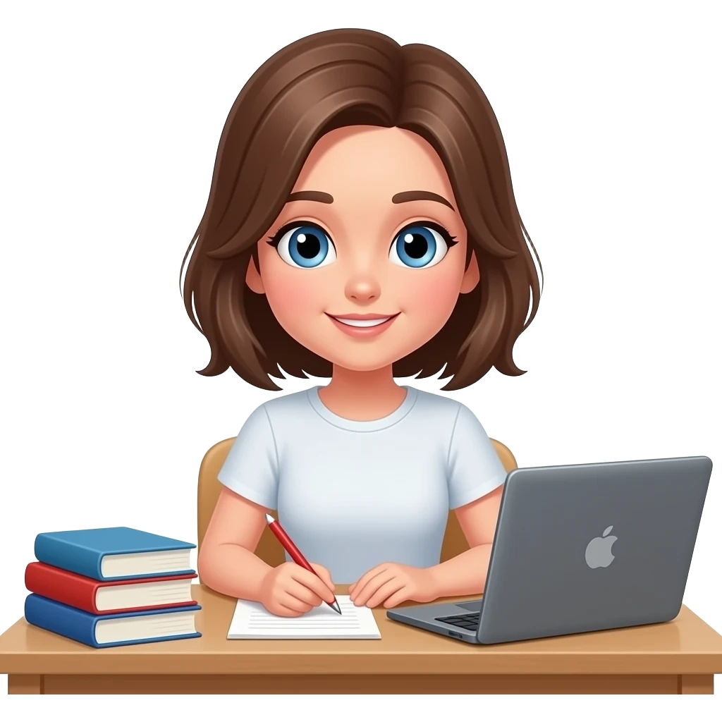 Girl at. Desk with Books and Laptop studying, Brown hair, Blue eyes emoji