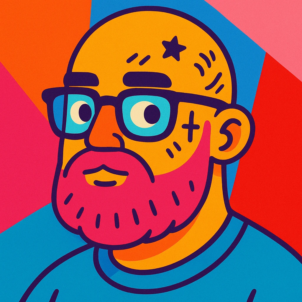 bald man with a pink beard, glasses, and face tattoos, stylized and colorful emoji