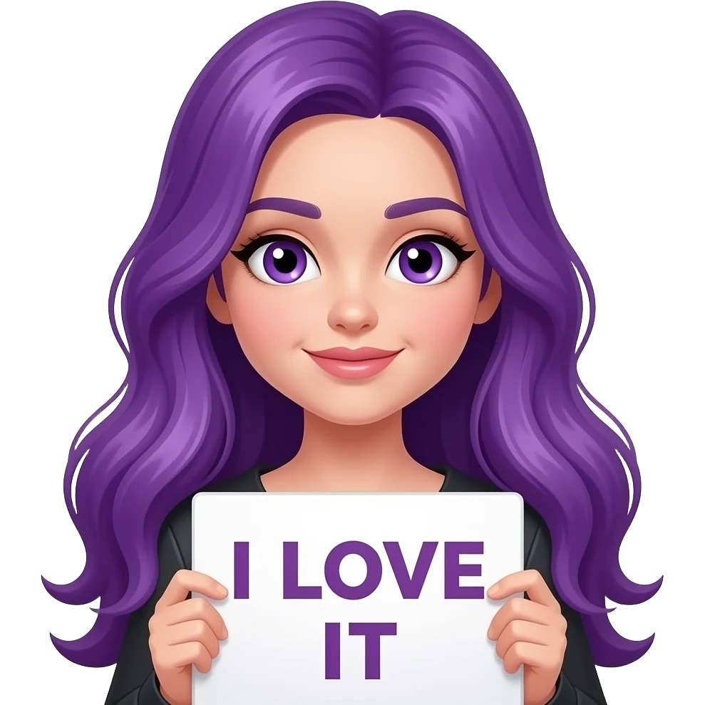 sexy girl with long purple hair and purple eyes holding I LOVE IT sign emoji