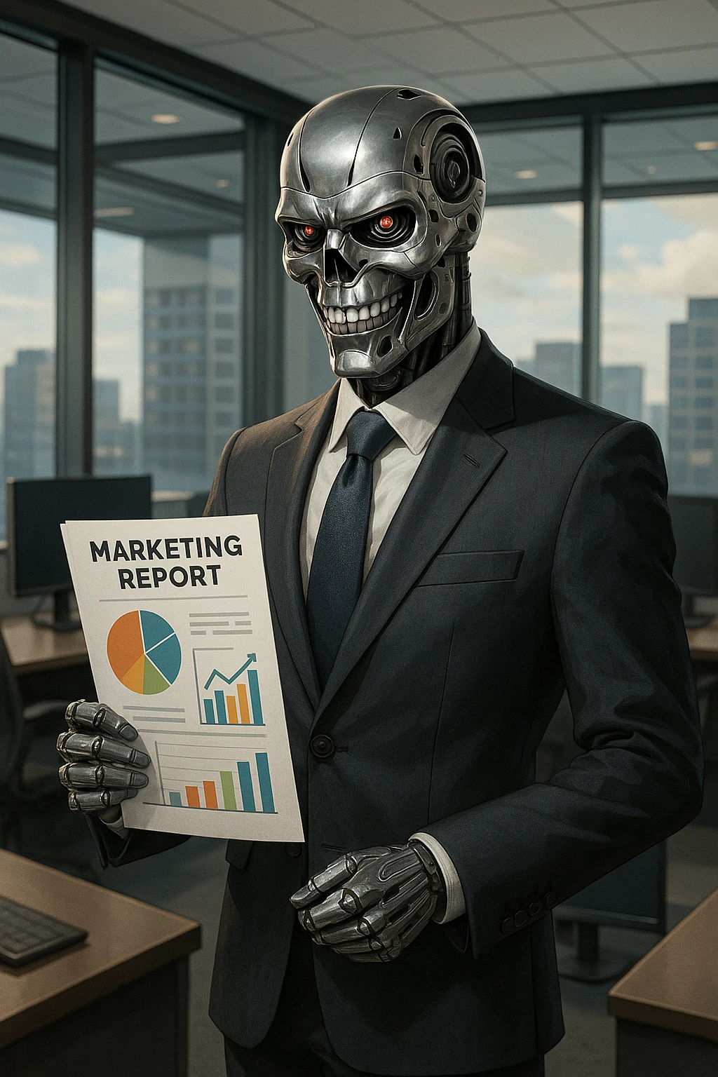 A Terminator robot in a business suit, confidently holding a marketing report, with a sly smile, in a modern office setting, as a mascot for a marketing manager emoji