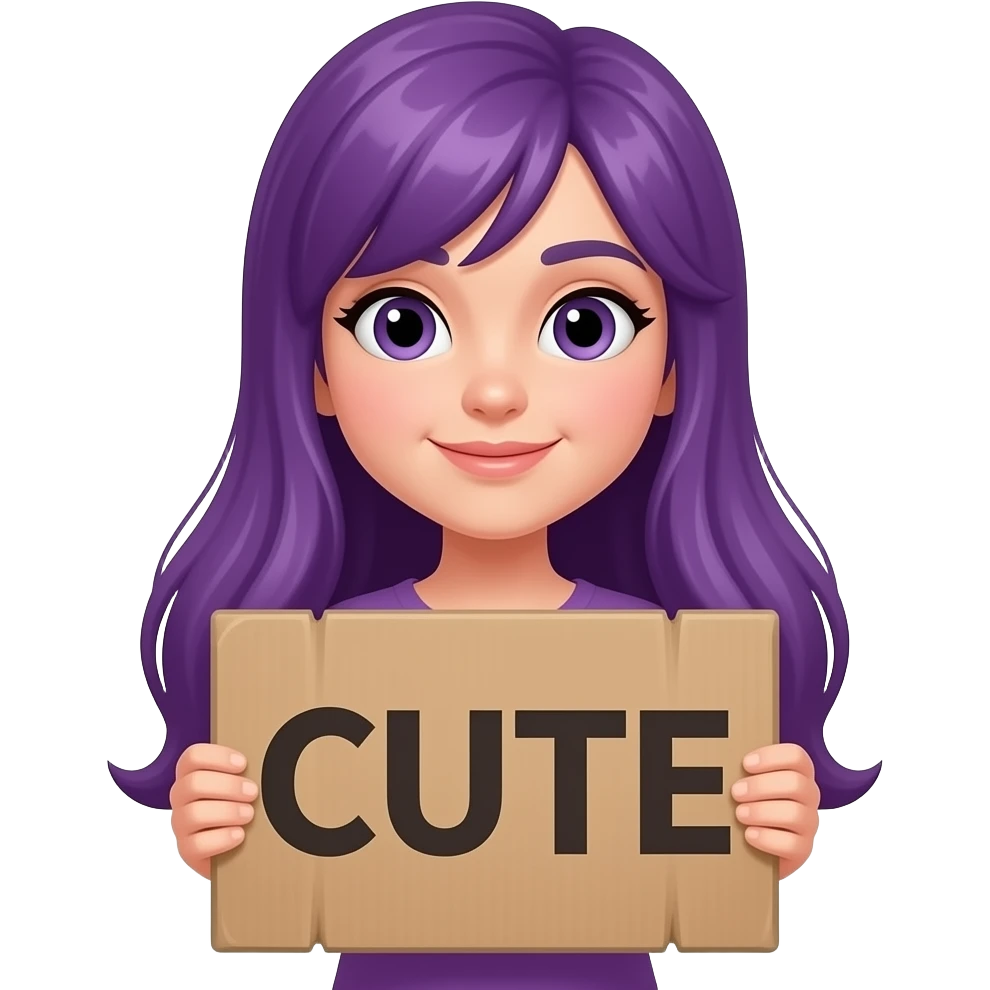girl with long purple hair holding a CUTE but STABBY sign emoji