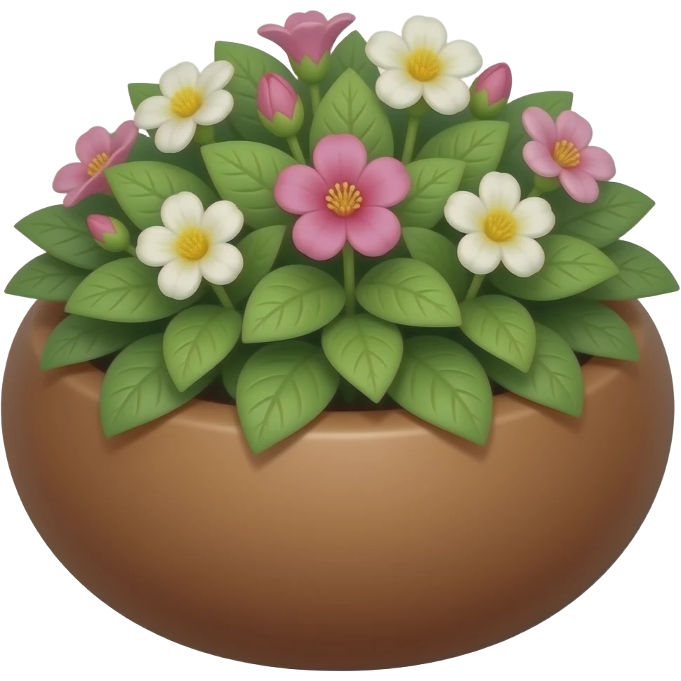 Create an elegant circular ceramic brown planter and a flower plant inside emoji