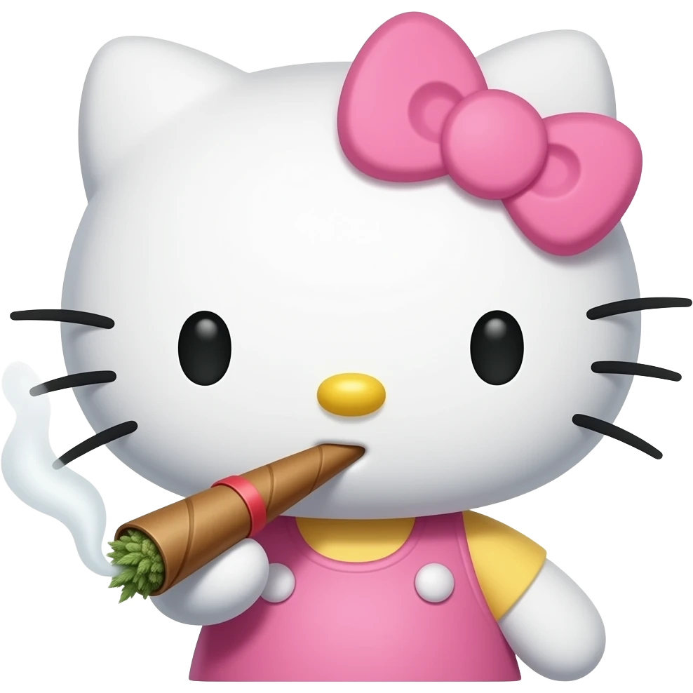 Hello kitty with light pink bow smoking a rolled marijuana blunt emoji